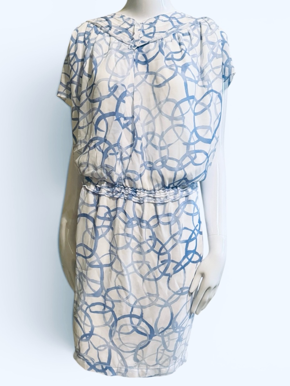 NWT M.S.S.P. 2X White Blue Abstract Print Blouson Dress Short Sleeve MSRP $128